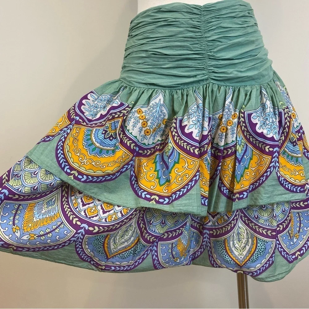 Anthropologie LetMeBe Tiered Bohemian Mini Skirt Sz S Lined‎ Ruched Waist Fairy